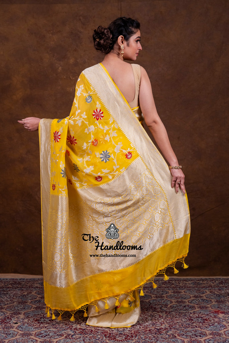Pure Khaddi Georgette Handloom Banarasi Saree - All Over Jaal Work With Meenakari