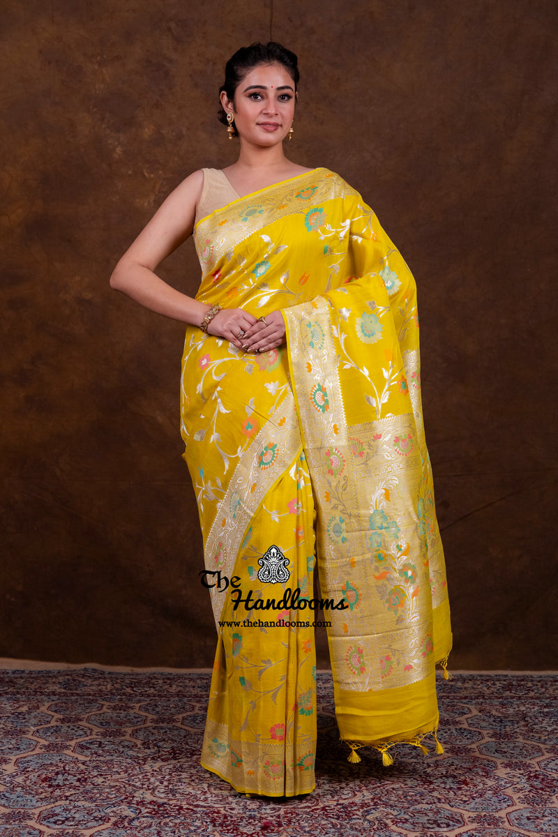 Yellow Tussar Georgette Handloom Banarasi Saree With Meenakari