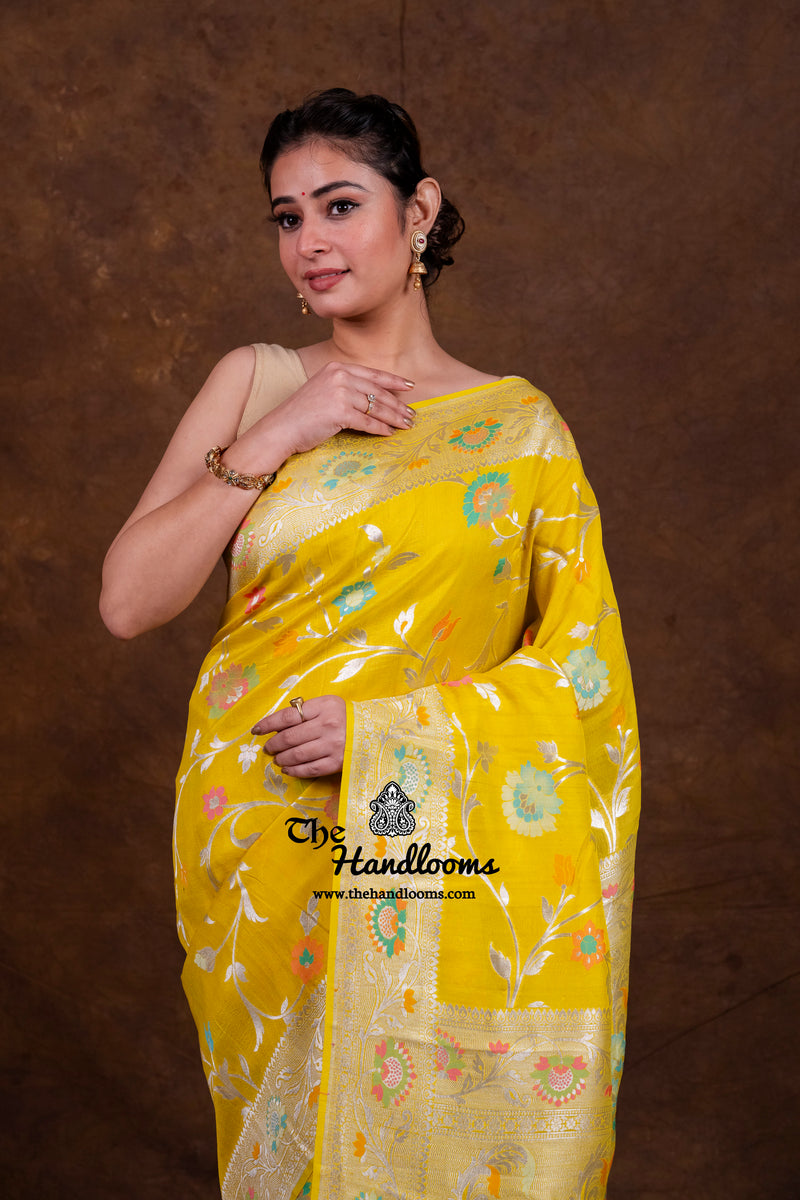 Yellow Tussar Georgette Handloom Banarasi Saree With Meenakari