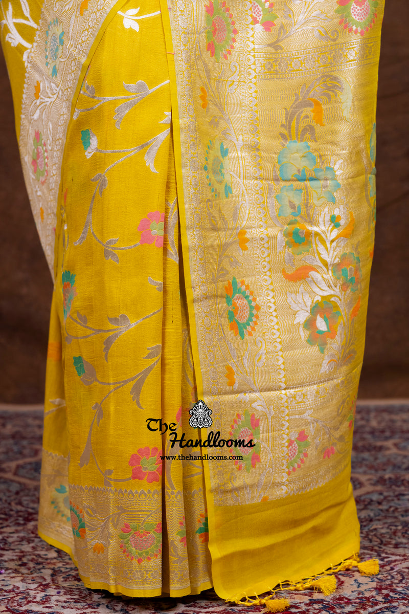 Yellow Tussar Georgette Handloom Banarasi Saree With Meenakari