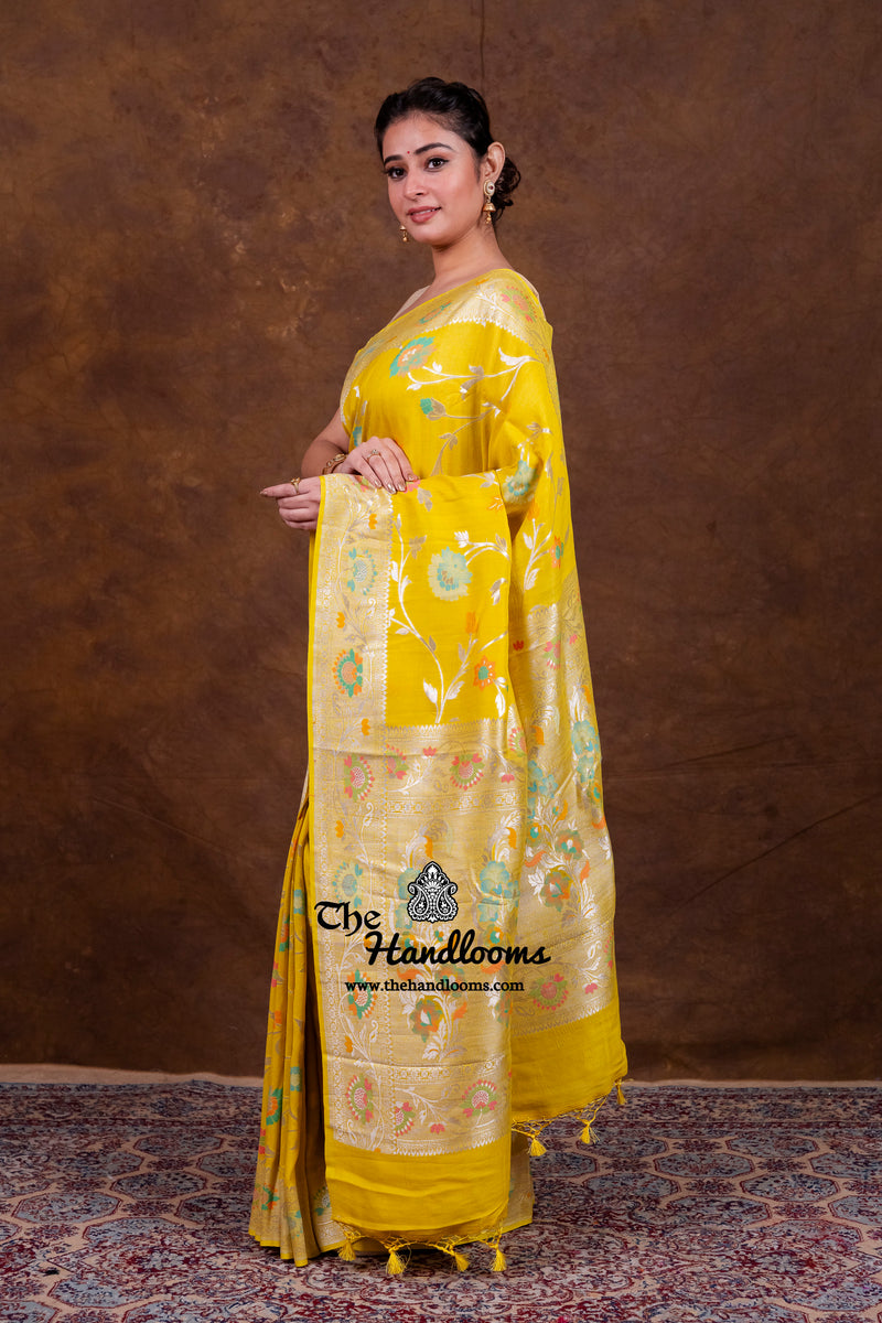 Yellow Tussar Georgette Handloom Banarasi Saree With Meenakari