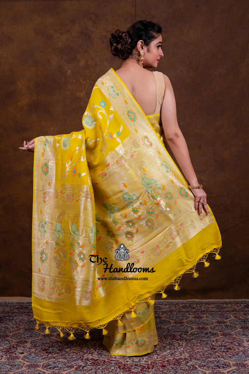 Yellow Tussar Georgette Handloom Banarasi Saree With Meenakari