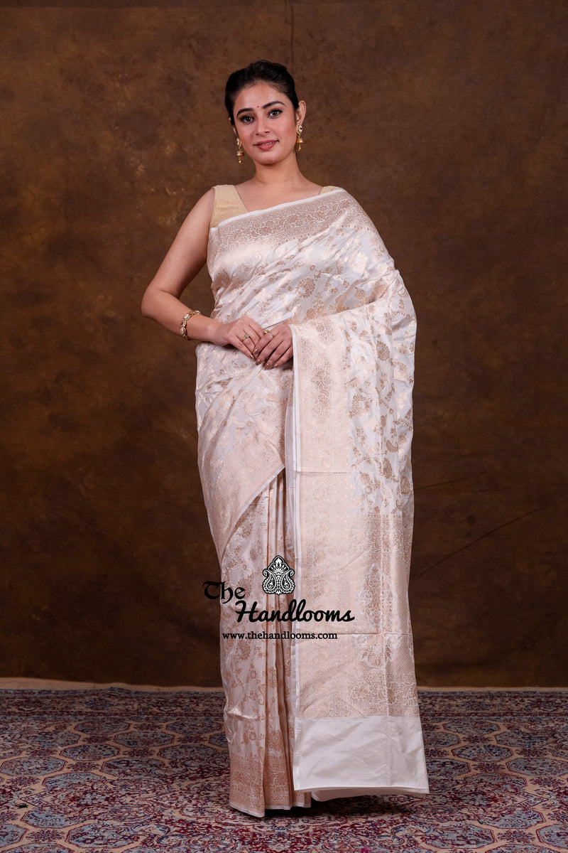 White Pure Katan Silk Banarasi Handloom Saree - All Over Sona Roopa Jaal Work