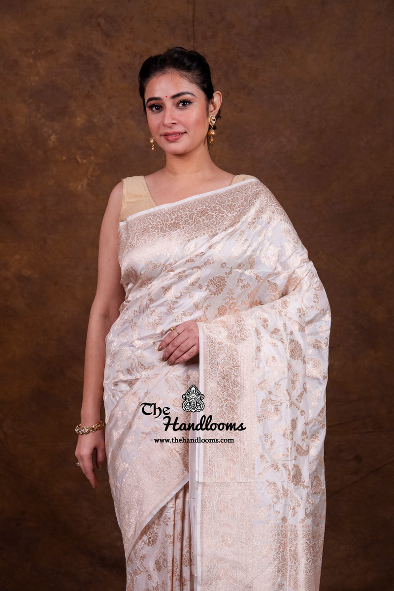White Pure Katan Silk Banarasi Handloom Saree - All Over Sona Roopa Jaal Work