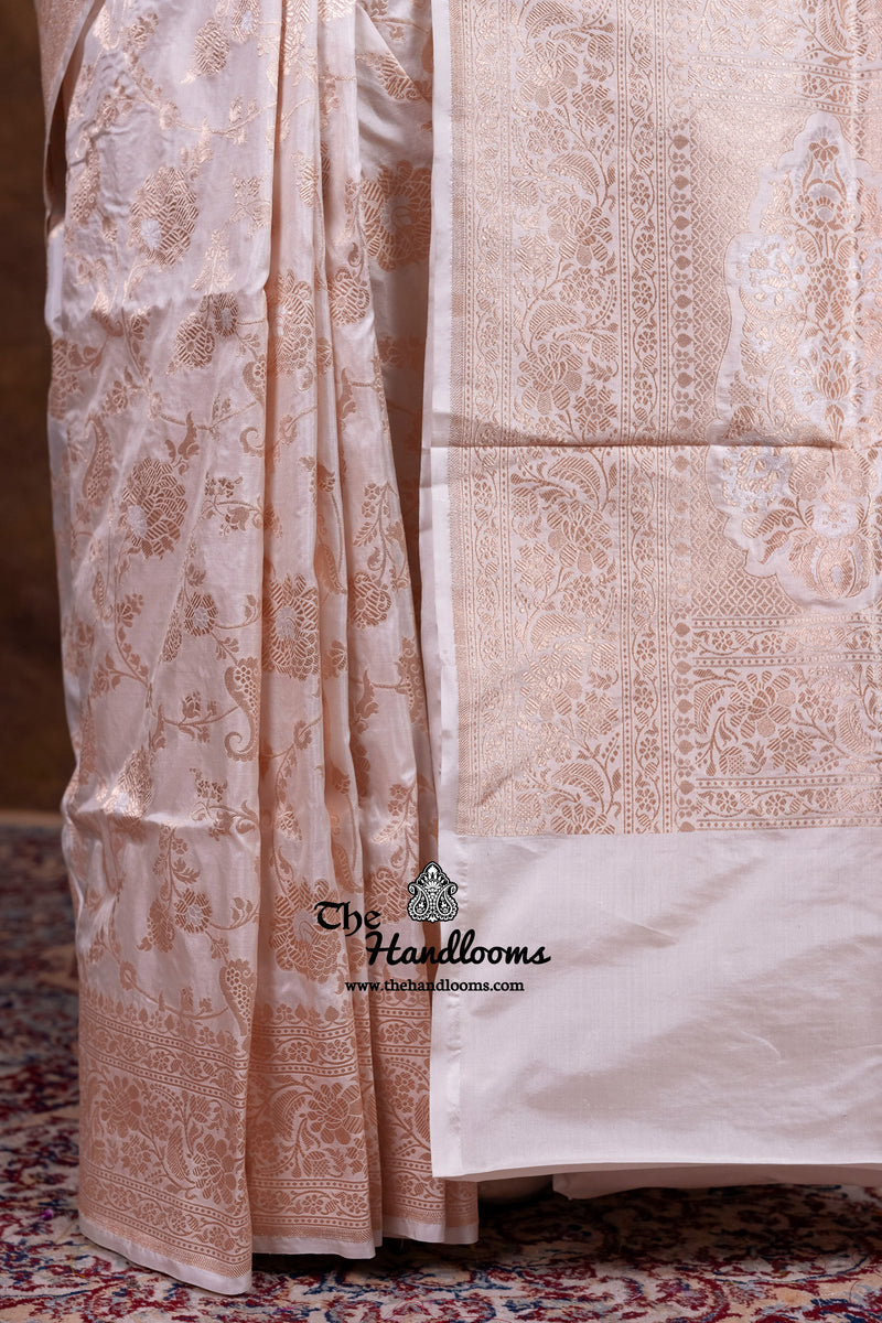 White Pure Katan Silk Banarasi Handloom Saree - All Over Sona Roopa Jaal Work