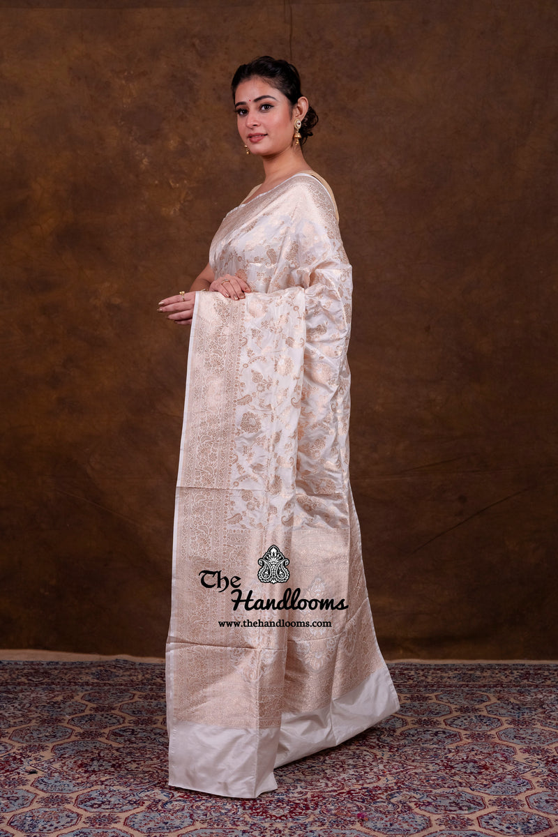 White Pure Katan Silk Banarasi Handloom Saree - All Over Sona Roopa Jaal Work