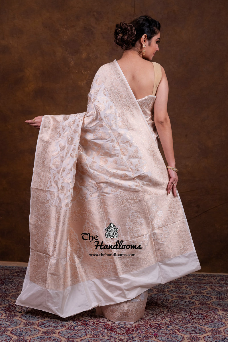 White Pure Katan Silk Banarasi Handloom Saree - All Over Sona Roopa Jaal Work