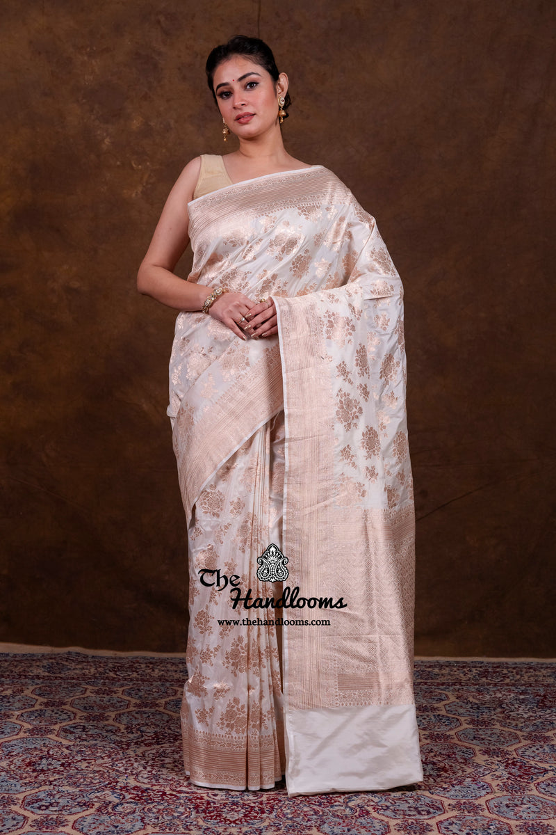 White Pure Katan Silk Banarasi Handloom Saree - All Over Jaal Work