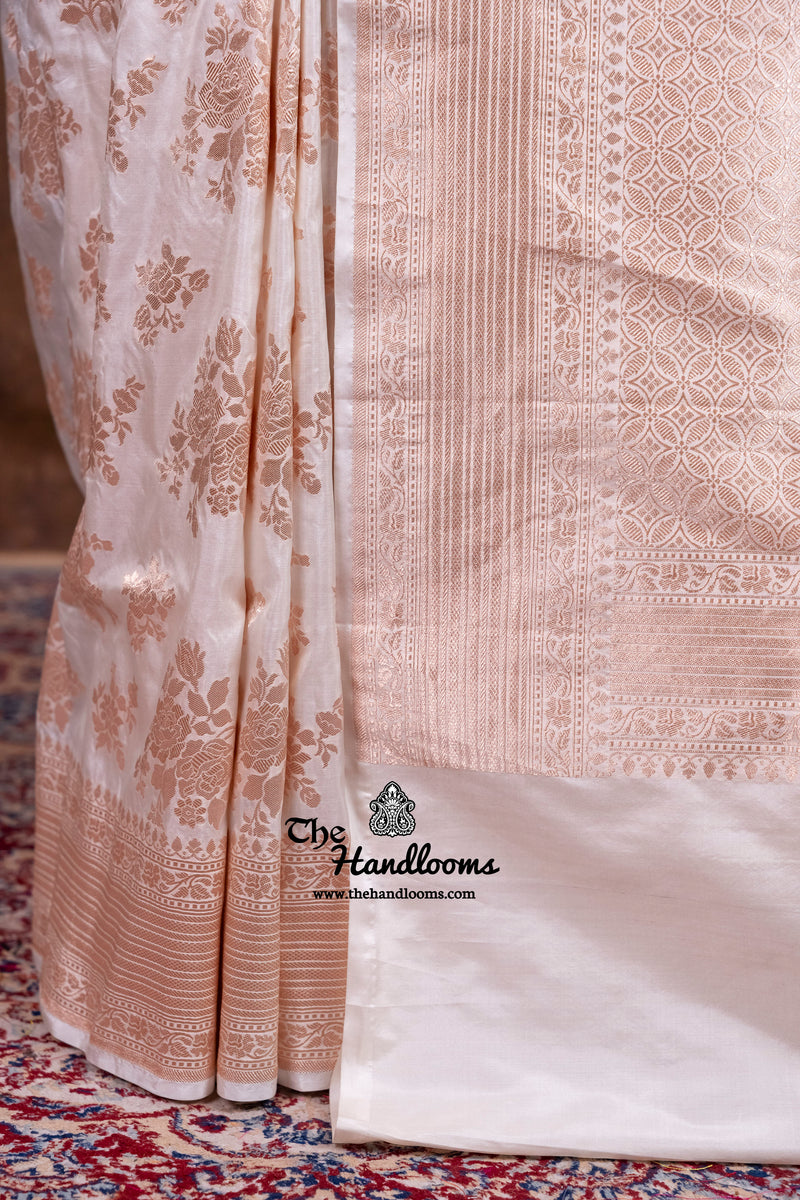 White Pure Katan Silk Banarasi Handloom Saree - All Over Jaal Work