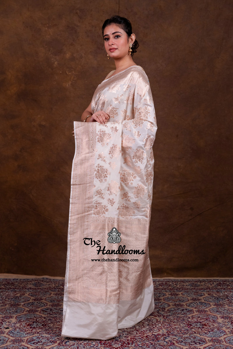 White Pure Katan Silk Banarasi Handloom Saree - All Over Jaal Work