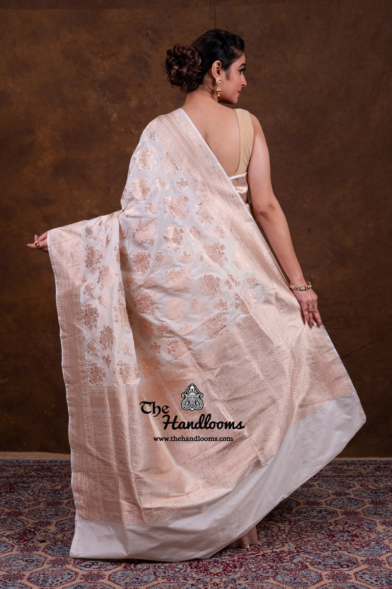 White Pure Katan Silk Banarasi Handloom Saree - All Over Jaal Work