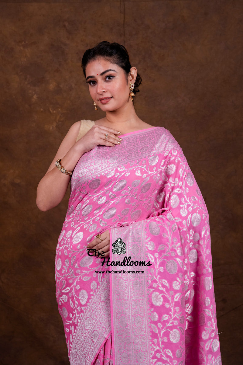 Khaddi Georgette Handloom Banarasi Saree - Silver Zari