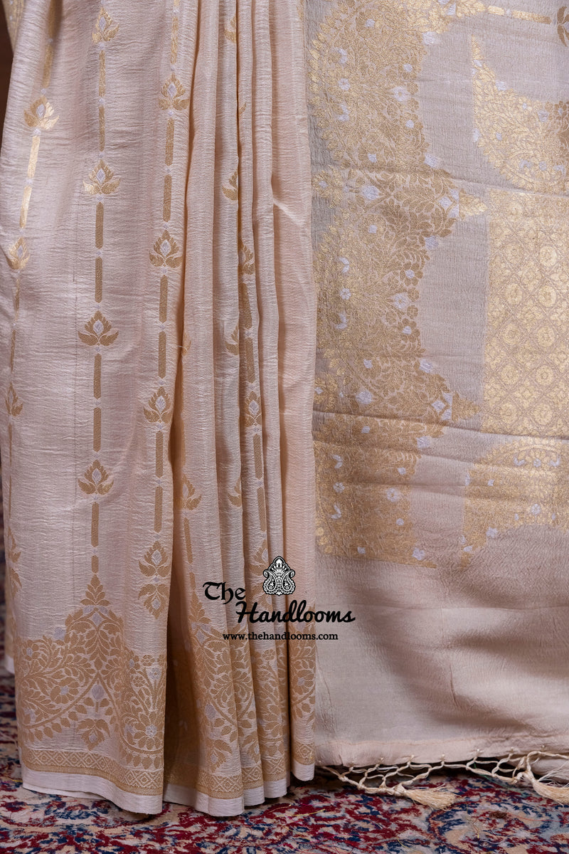 Cream Tussar Georgette Handloom Banarasi Saree With Meenakari