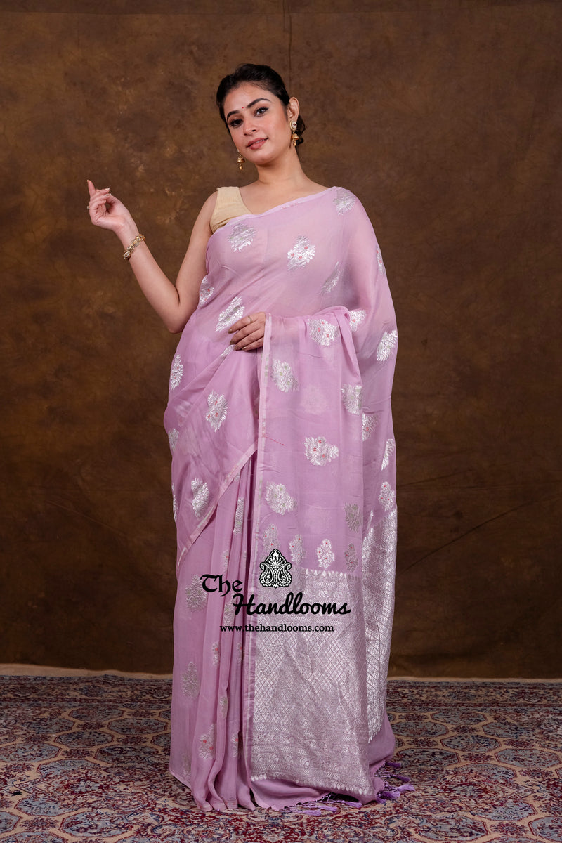 Pure Khaddi Georgette Handloom Banarasi Saree - All Over Jaal Work With Meenakari