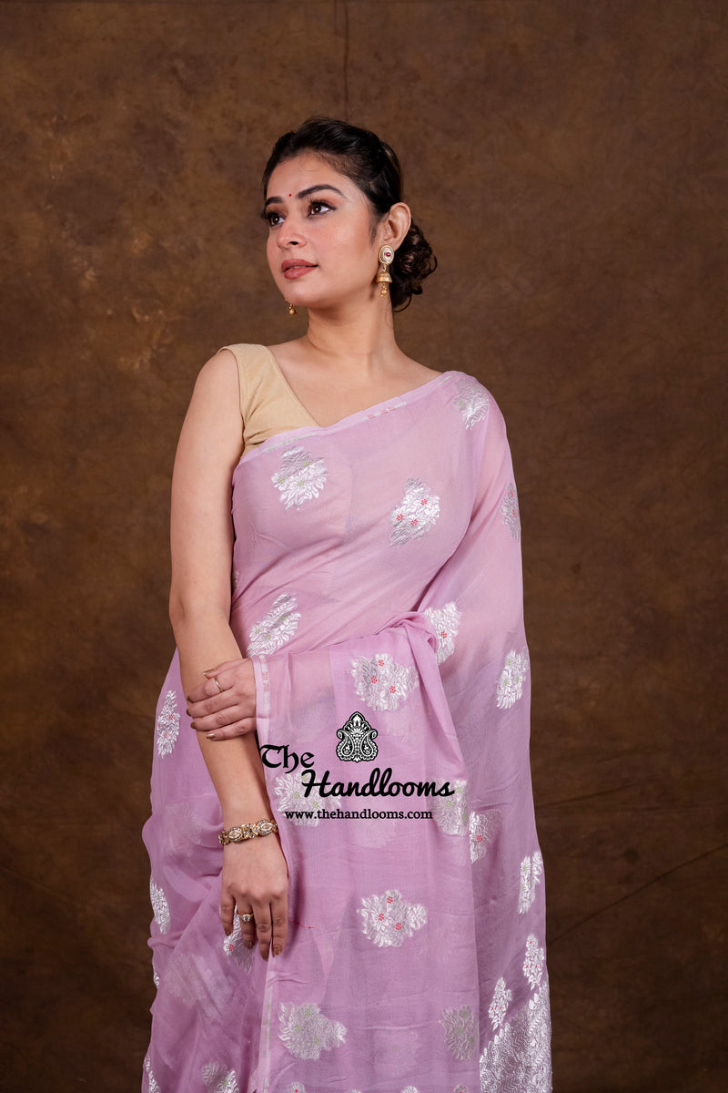 Pure Khaddi Georgette Handloom Banarasi Saree - All Over Jaal Work With Meenakari