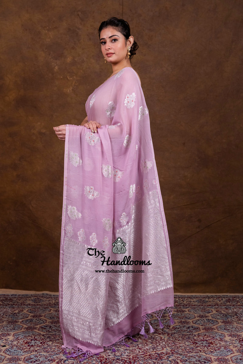 Pure Khaddi Georgette Handloom Banarasi Saree - All Over Jaal Work With Meenakari