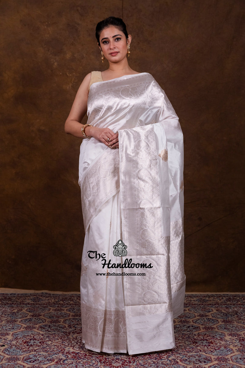 White Pure Katan Silk Banarasi Handloom Saree - All Over Kadua Motifs