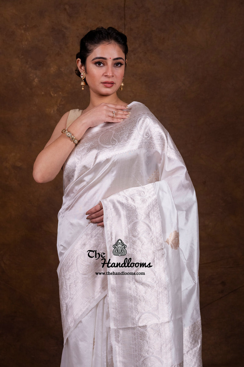 White Pure Katan Silk Banarasi Handloom Saree - All Over Kadua Motifs