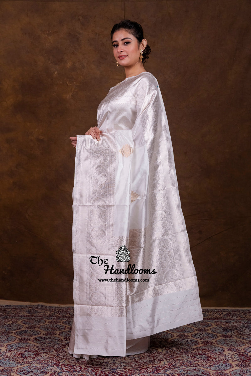 White Pure Katan Silk Banarasi Handloom Saree - All Over Kadua Motifs