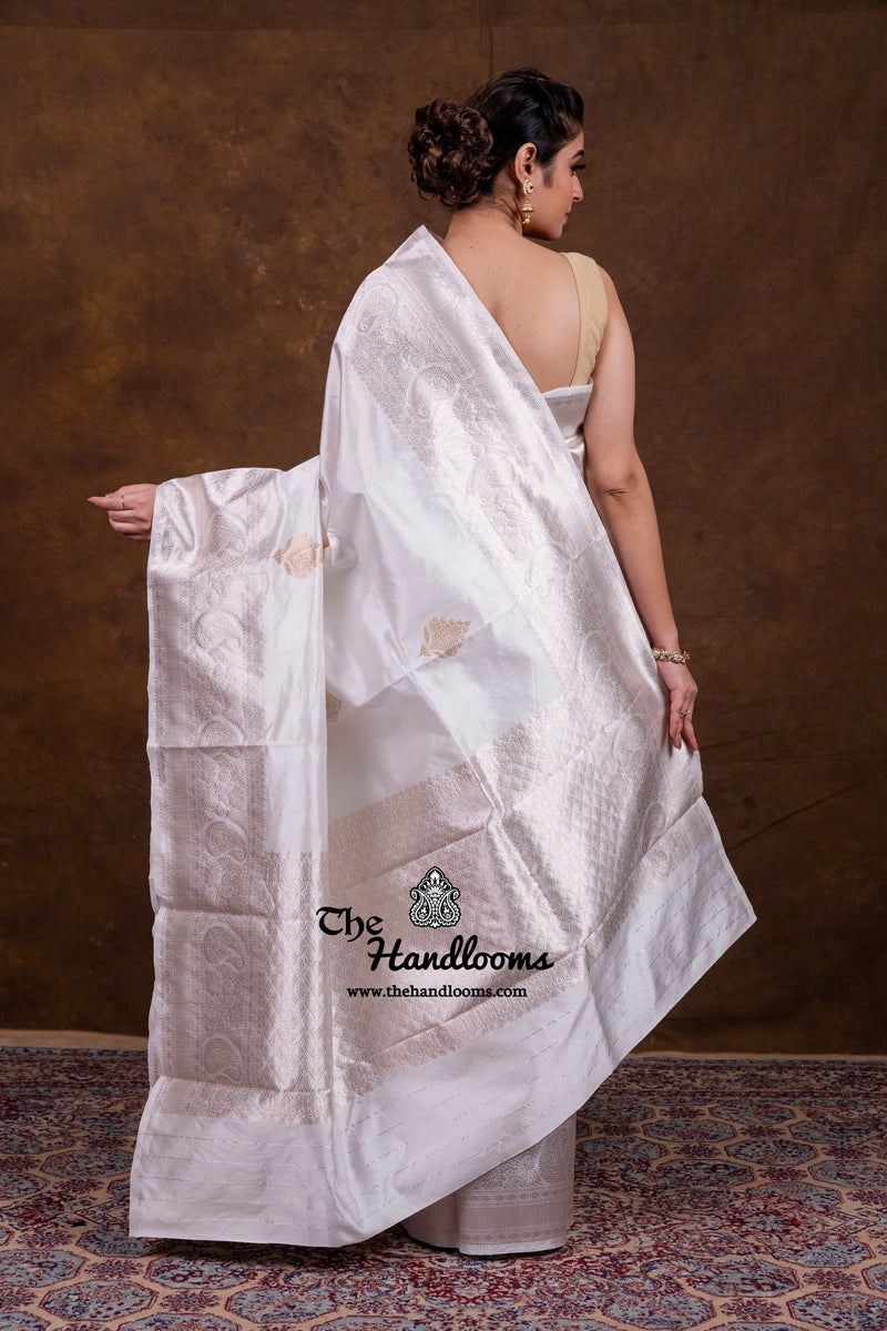 White Pure Katan Silk Banarasi Handloom Saree - All Over Kadua Motifs