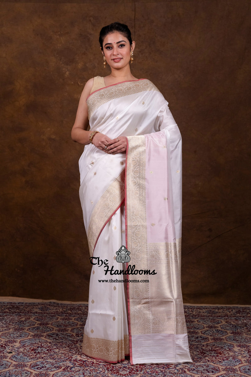 White Pure Katan Silk Banarasi Handloom Saree - All Over Kadua Motifs