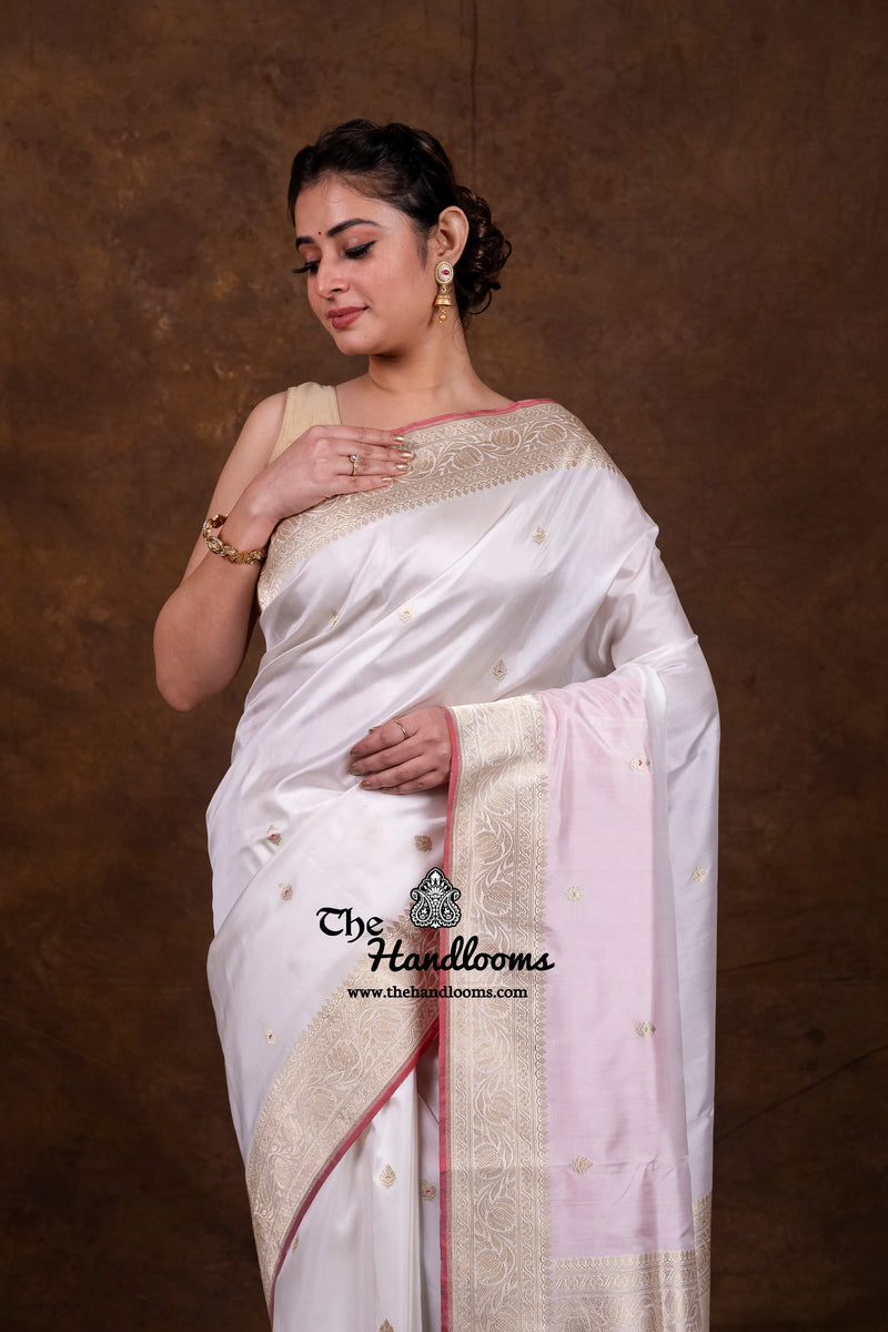 White Pure Katan Silk Banarasi Handloom Saree - All Over Kadua Motifs