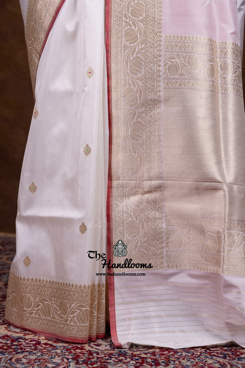 White Pure Katan Silk Banarasi Handloom Saree - All Over Kadua Motifs