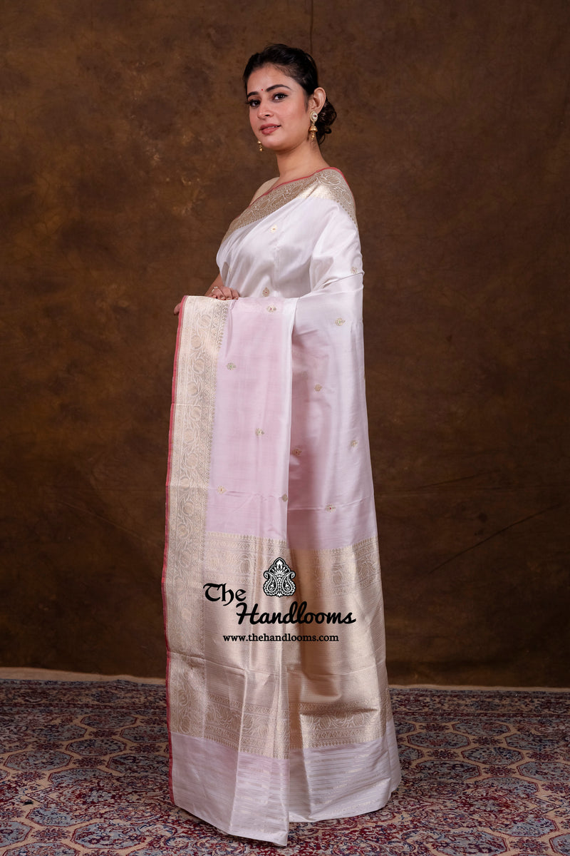 White Pure Katan Silk Banarasi Handloom Saree - All Over Kadua Motifs