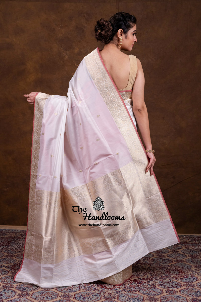 White Pure Katan Silk Banarasi Handloom Saree - All Over Kadua Motifs