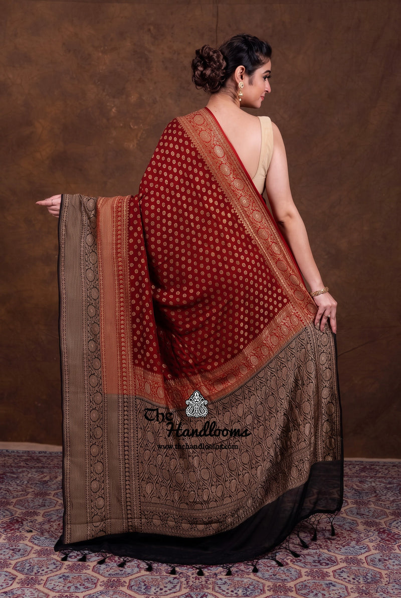 Maroon Pure Khaddi Georgette Handloom Banarasi Saree