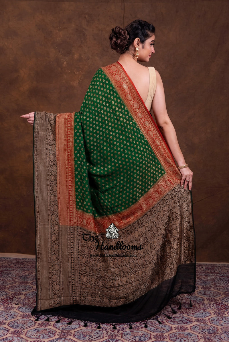 Green Pure Khaddi Georgette Handloom Banarasi Saree