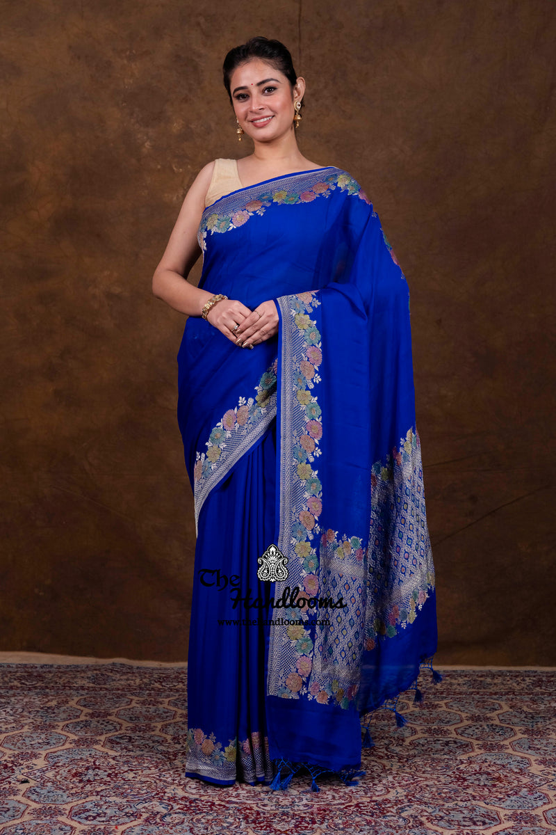 Blue Pure Khaddi Georgette Handloom Banarasi Saree - Water Zari