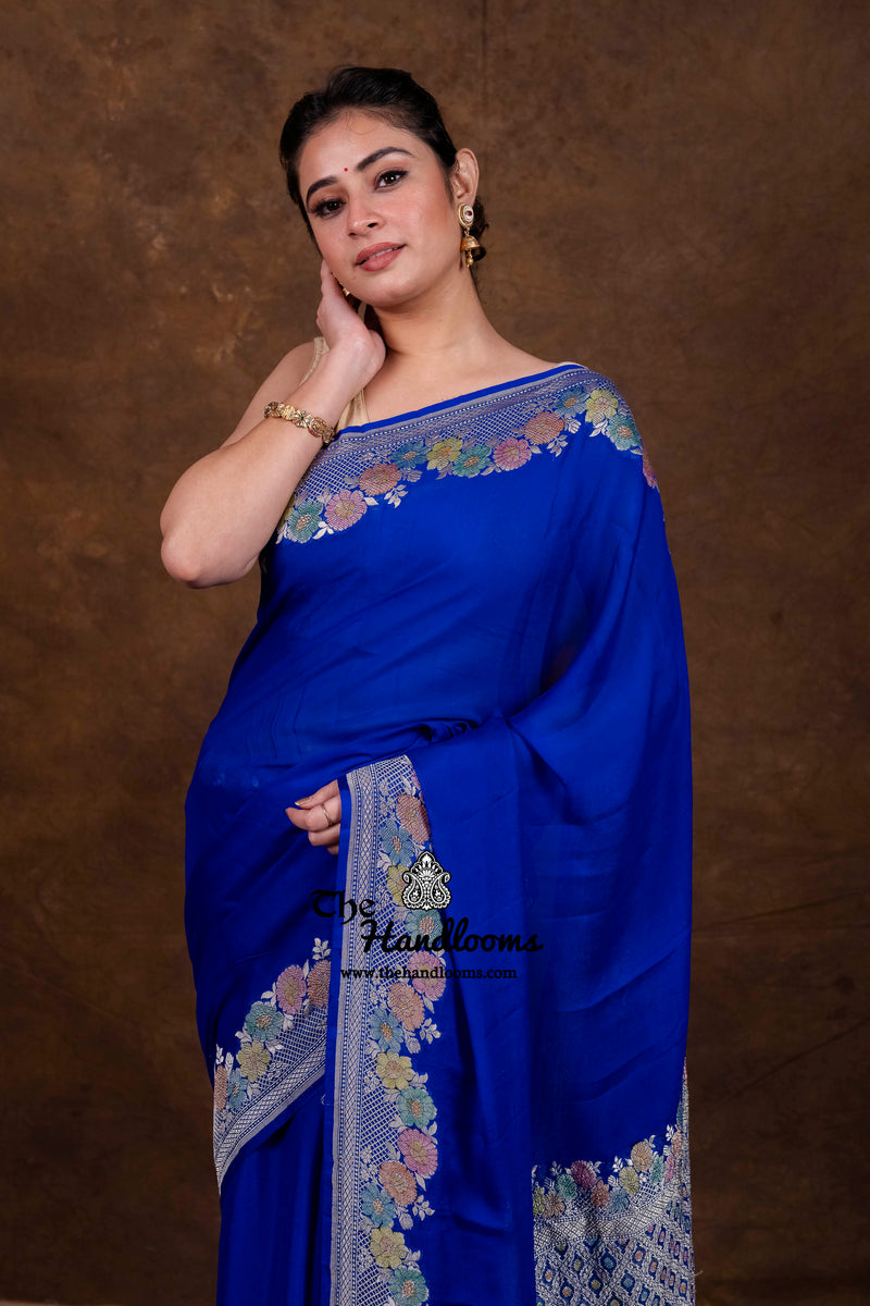 Blue Pure Khaddi Georgette Handloom Banarasi Saree - Water Zari