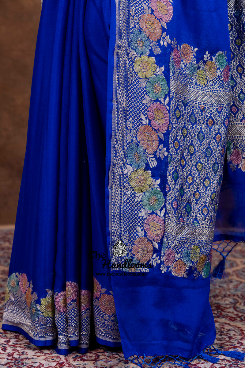 Blue Pure Khaddi Georgette Handloom Banarasi Saree - Water Zari