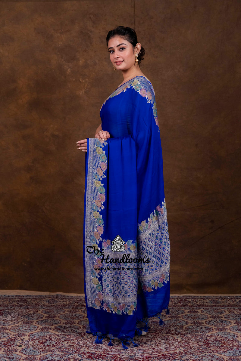 Blue Pure Khaddi Georgette Handloom Banarasi Saree - Water Zari