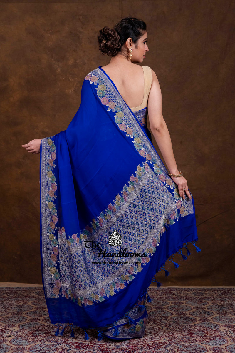 Blue Pure Khaddi Georgette Handloom Banarasi Saree - Water Zari