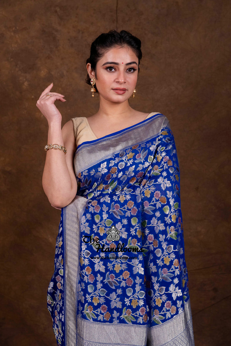 Blue Pure Khaddi Georgette Handloom Banarasi Saree - Water Zari
