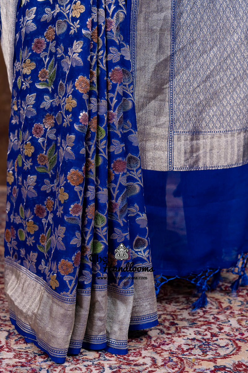 Blue Pure Khaddi Georgette Handloom Banarasi Saree - Water Zari