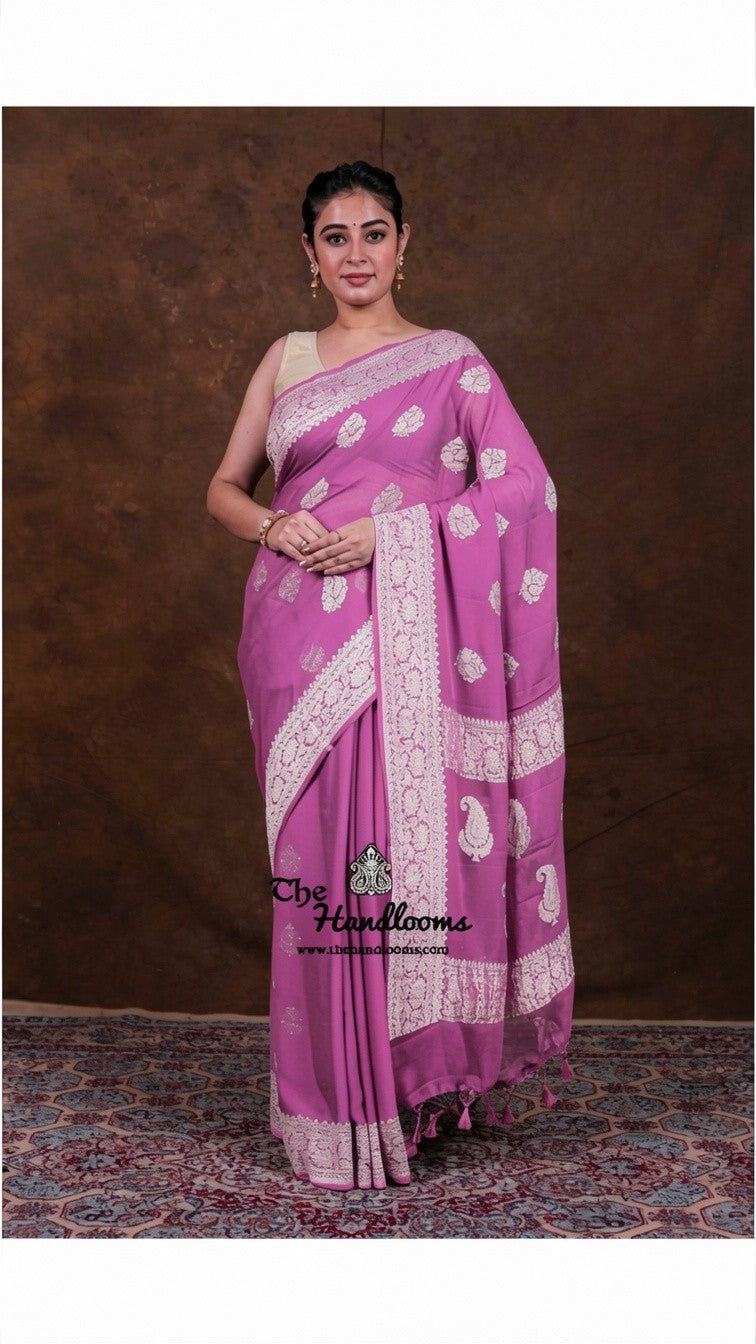 Pure Georgette Banarasi Handloom Saree | All over silver zari Kadua Buta - The Handlooms