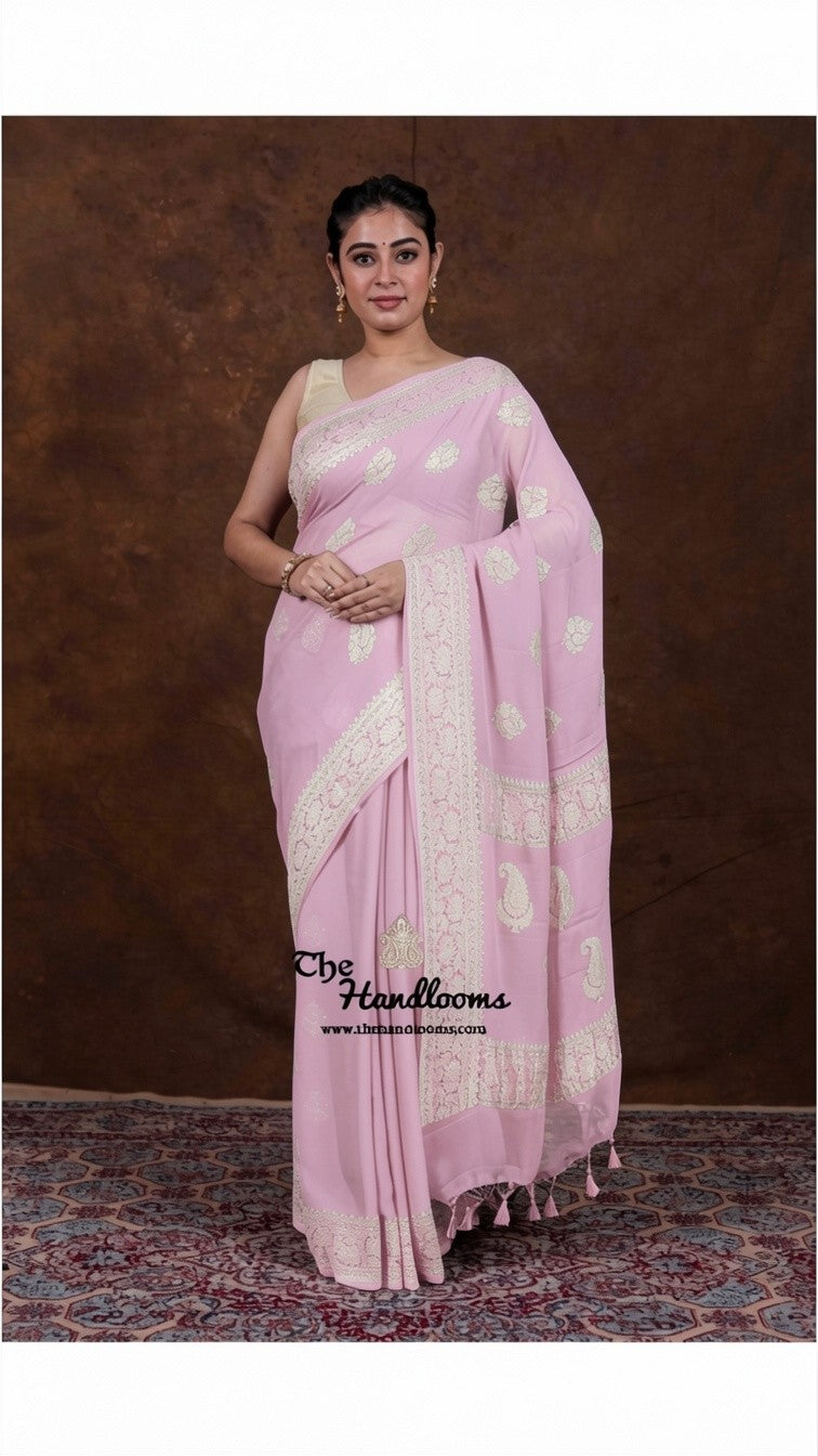 Pure Georgette Banarasi Handloom Saree | All over silver zari Kadua Buta - The Handlooms