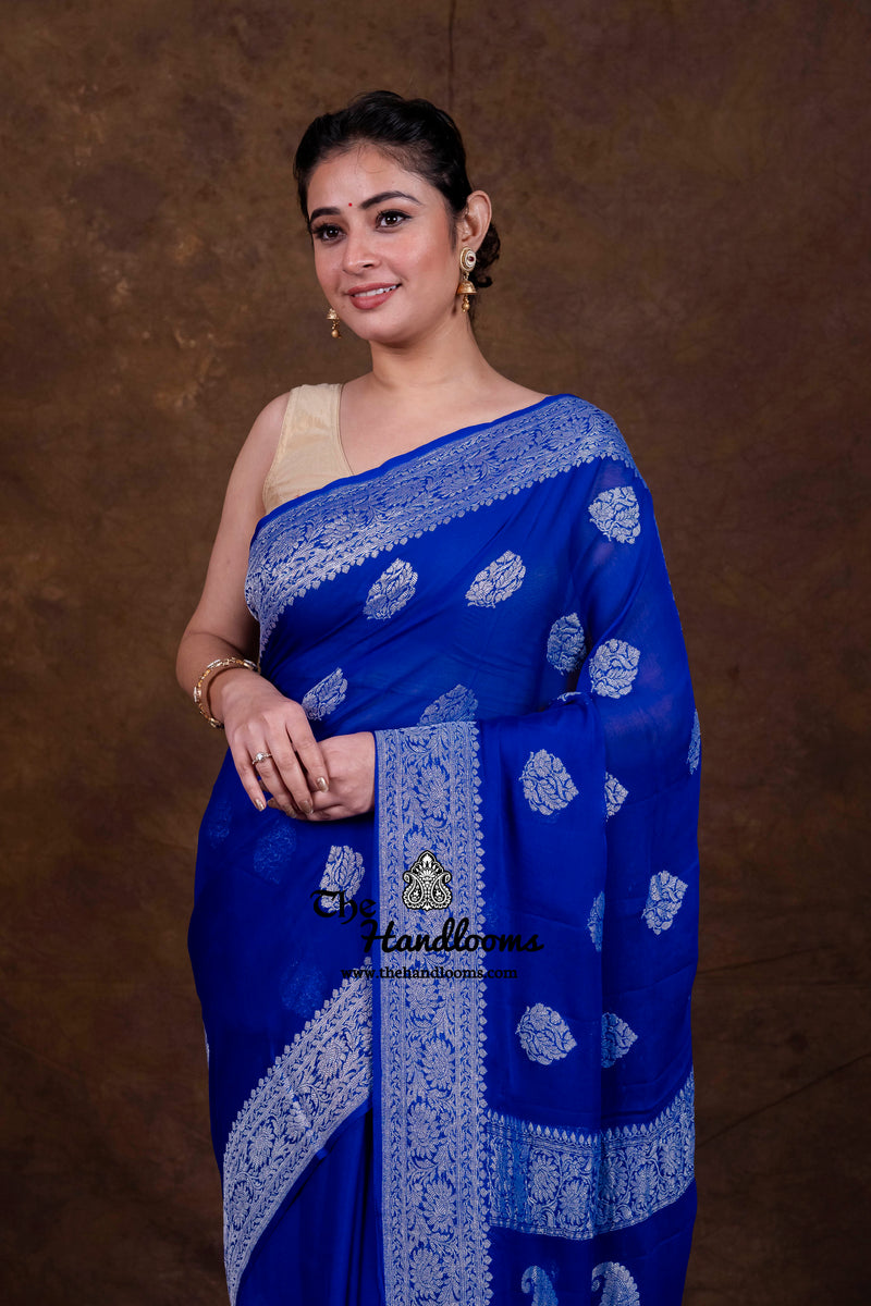 Royal Blue Pure Georgette Banarasi Handloom Saree