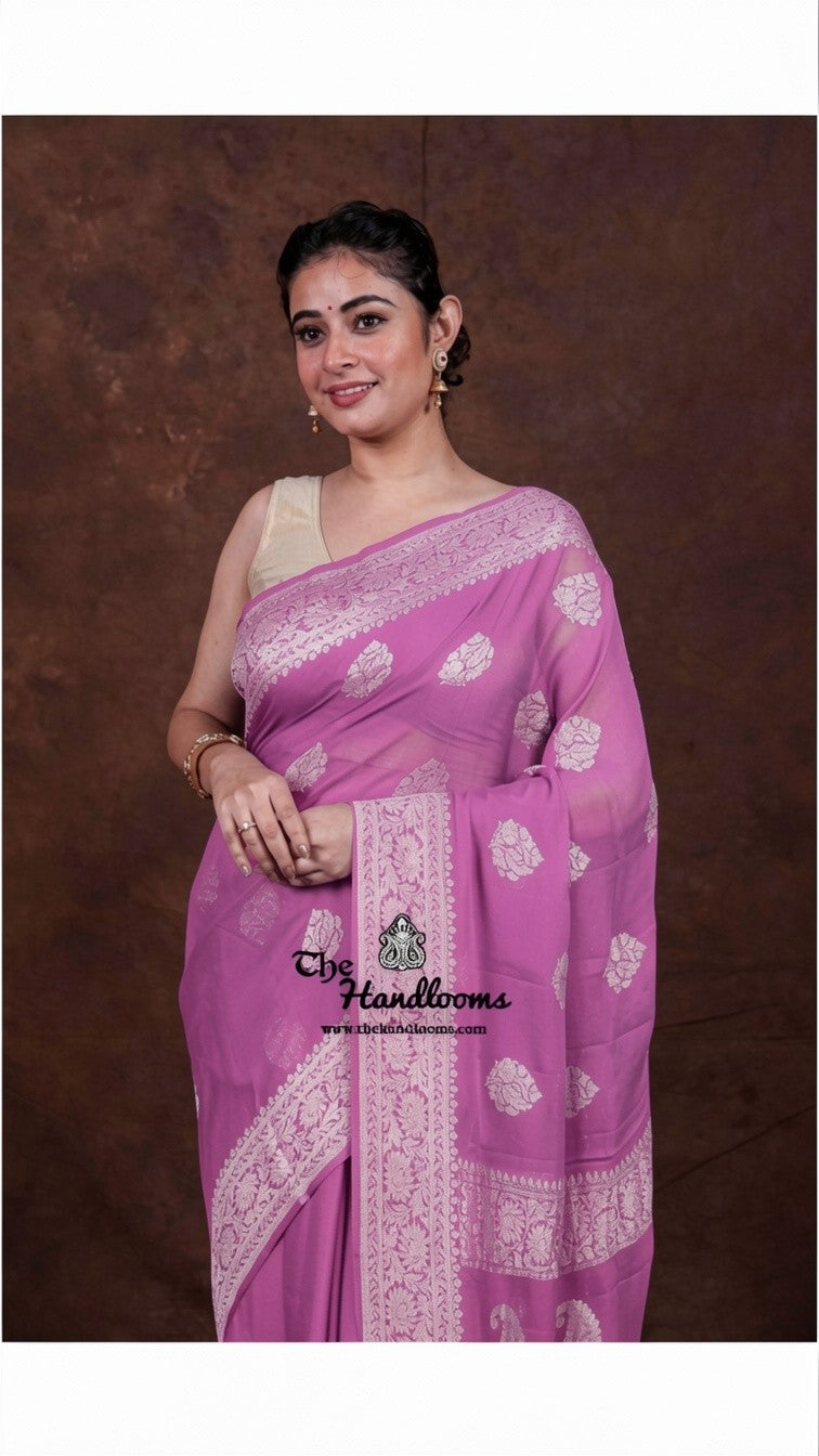 Pure Georgette Banarasi Handloom Saree | All over silver zari Kadua Buta - The Handlooms