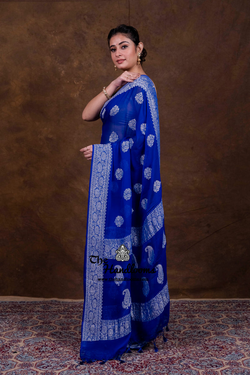 Royal Blue Pure Georgette Banarasi Handloom Saree