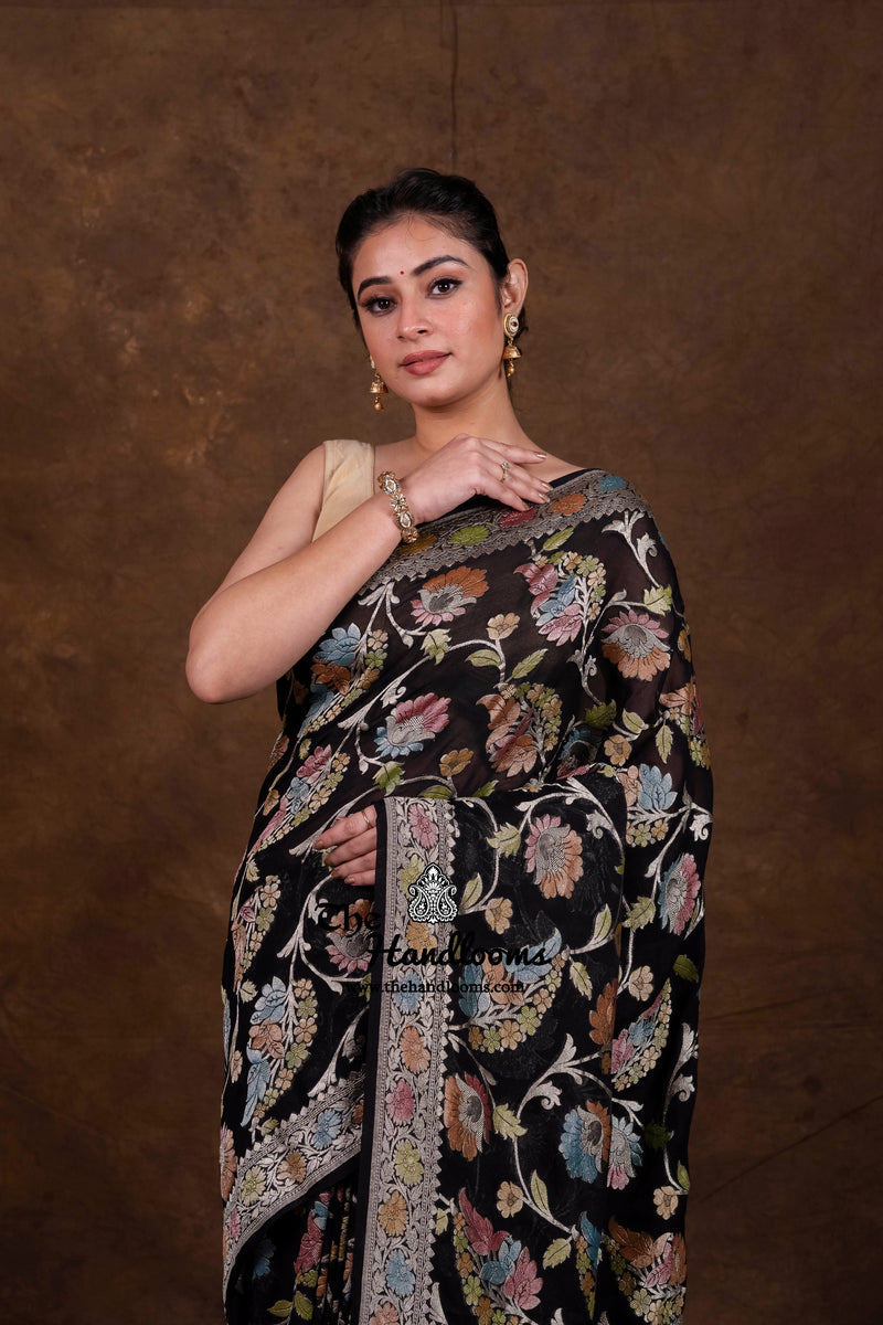 Black Pure Khaddi Georgette Handloom Banarasi Saree - Water Zari