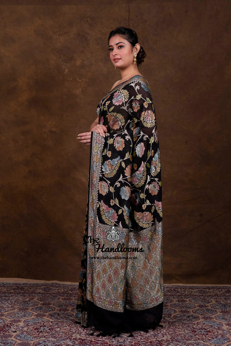 Black Pure Khaddi Georgette Handloom Banarasi Saree - Water Zari