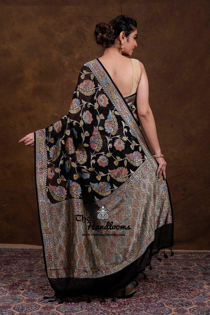 Black Pure Khaddi Georgette Handloom Banarasi Saree - Water Zari