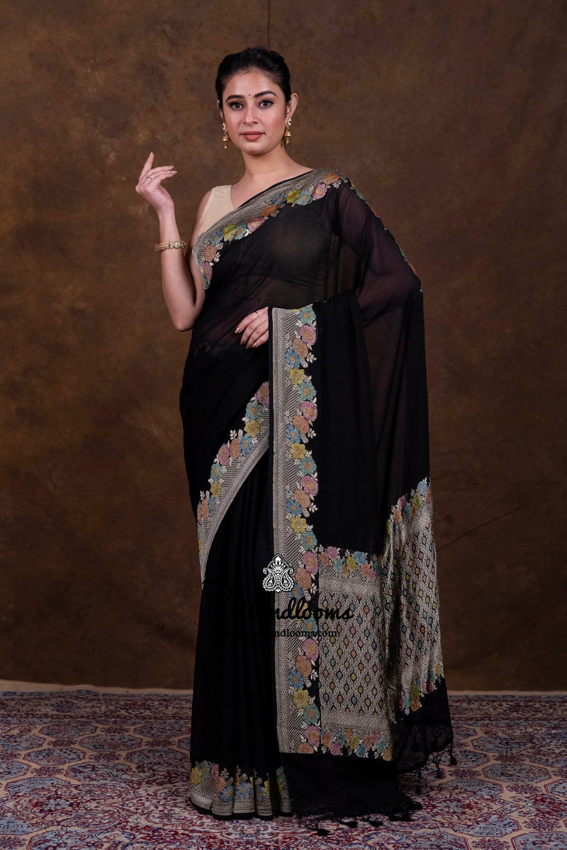 Black Pure Khaddi Georgette Handloom Banarasi Saree - Water Zari