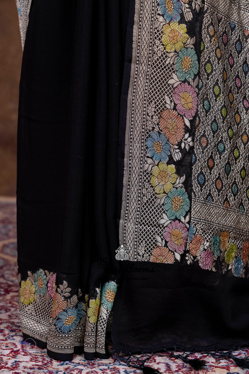 Black Pure Khaddi Georgette Handloom Banarasi Saree - Water Zari