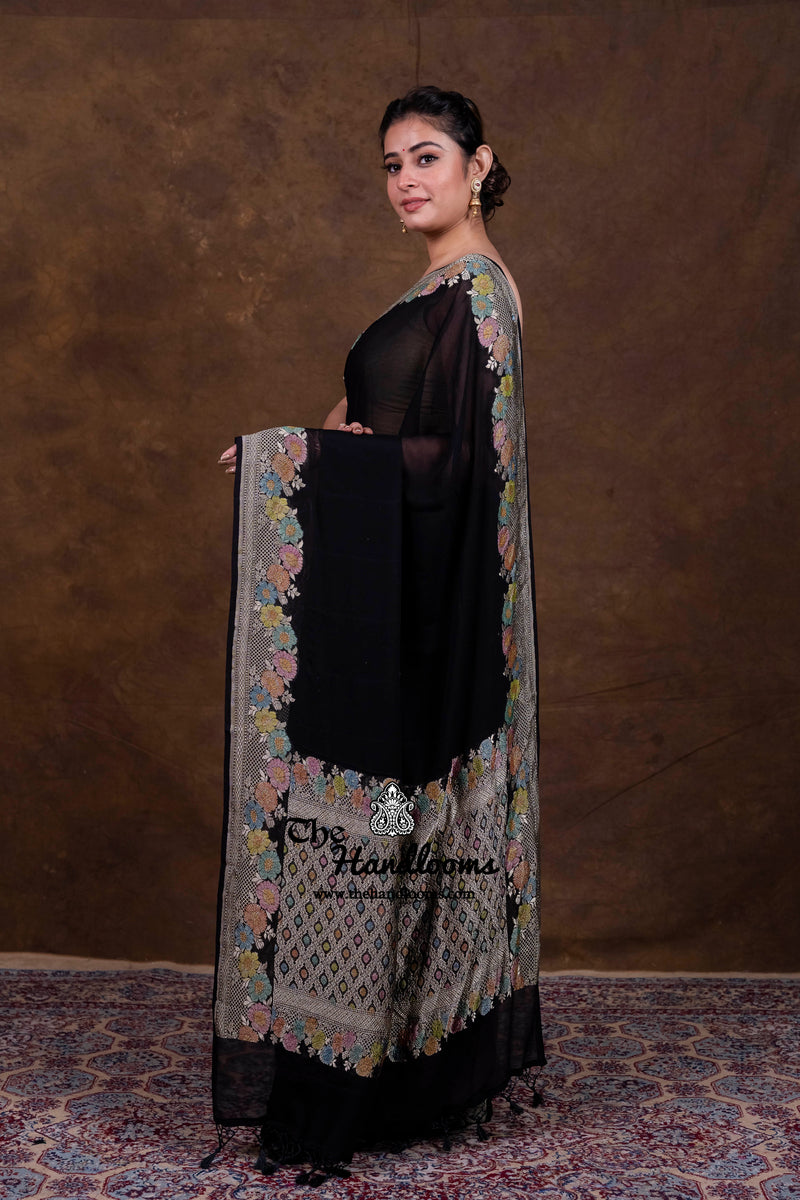 Black Pure Khaddi Georgette Handloom Banarasi Saree - Water Zari