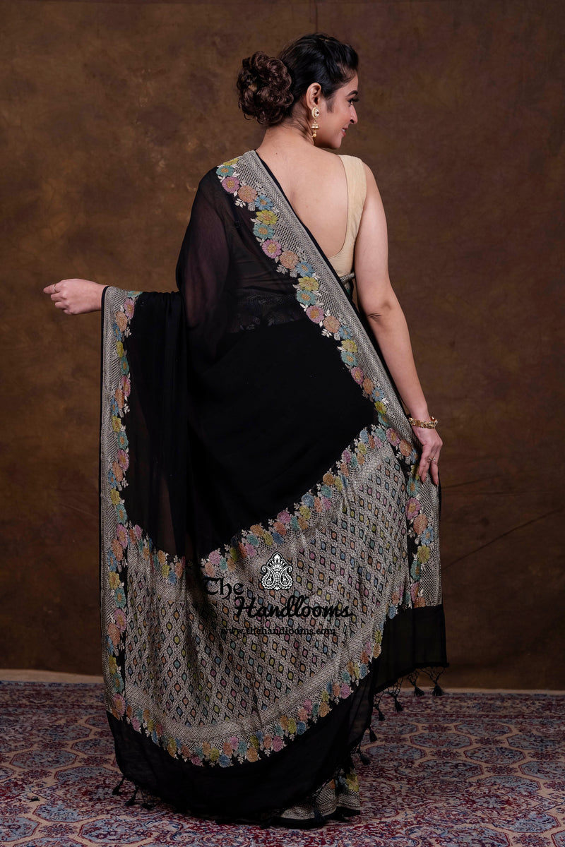 Black Pure Khaddi Georgette Handloom Banarasi Saree - Water Zari